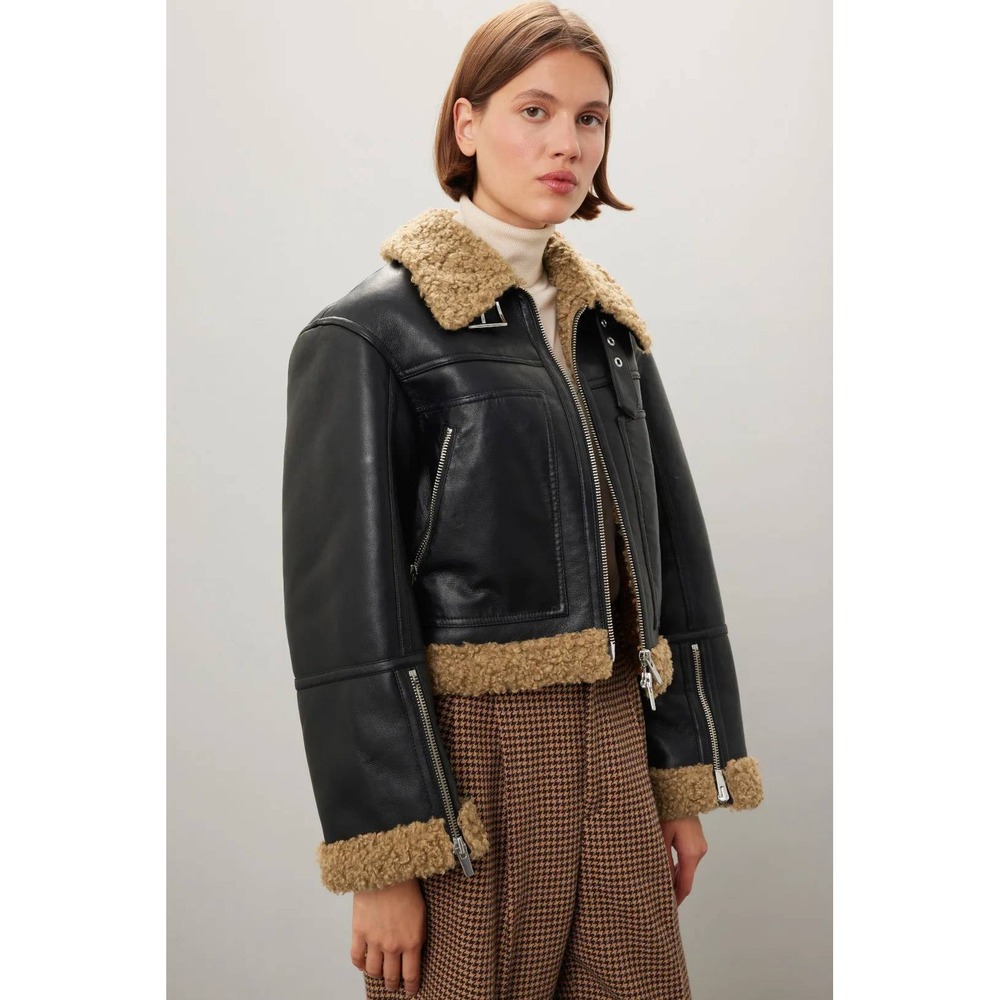 A.L.C. Aspen Jacket Black Faux Leather Shearling Trim Aviator Bomber Womens Sz M